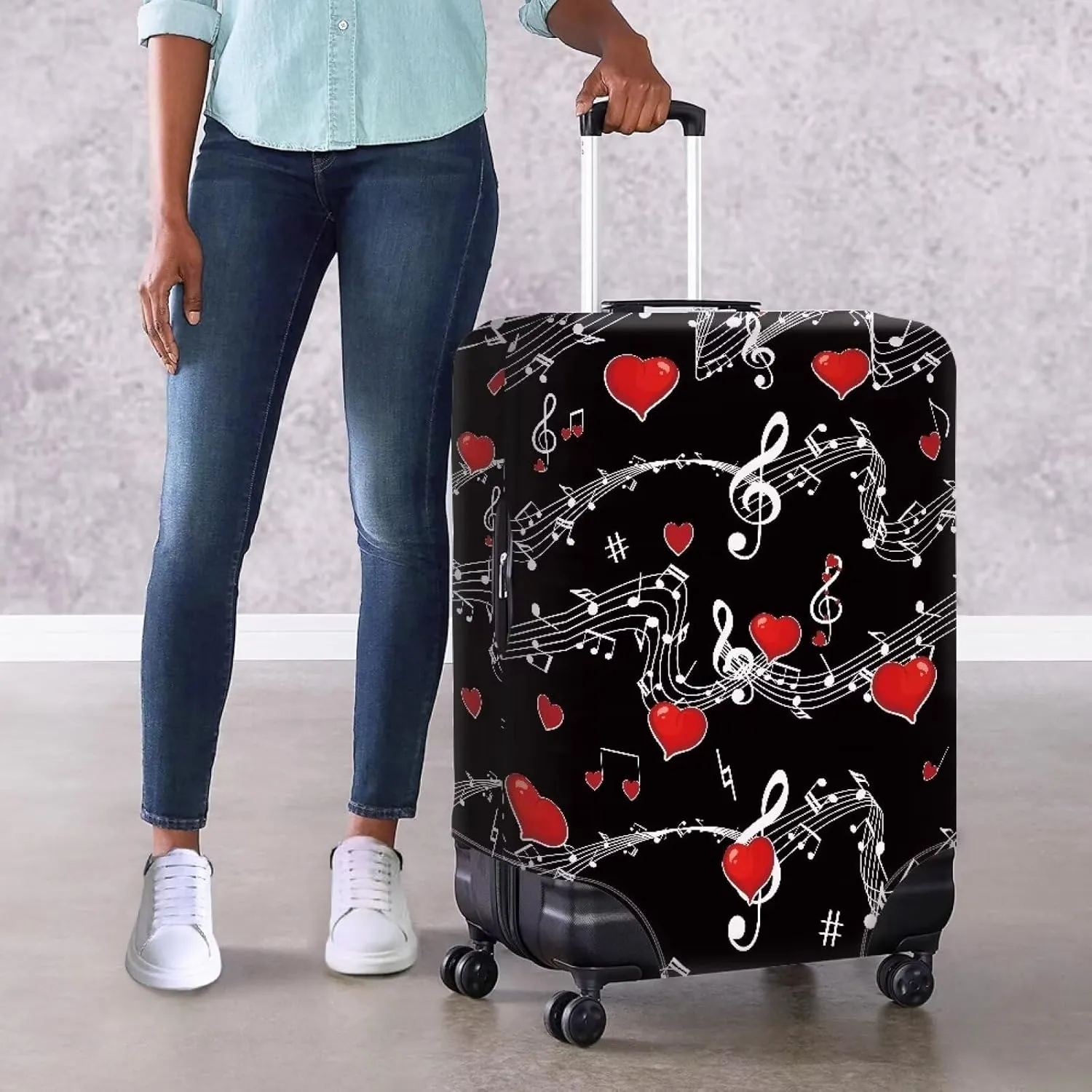 TODIYADDU Music Notes with Red Love Heart Thick Elastic Reusable Luggage Protective Cover Fashion Trolley Case for Suitcase Cover Baggage Travel Bag Cases Fits for Women Gifts, L