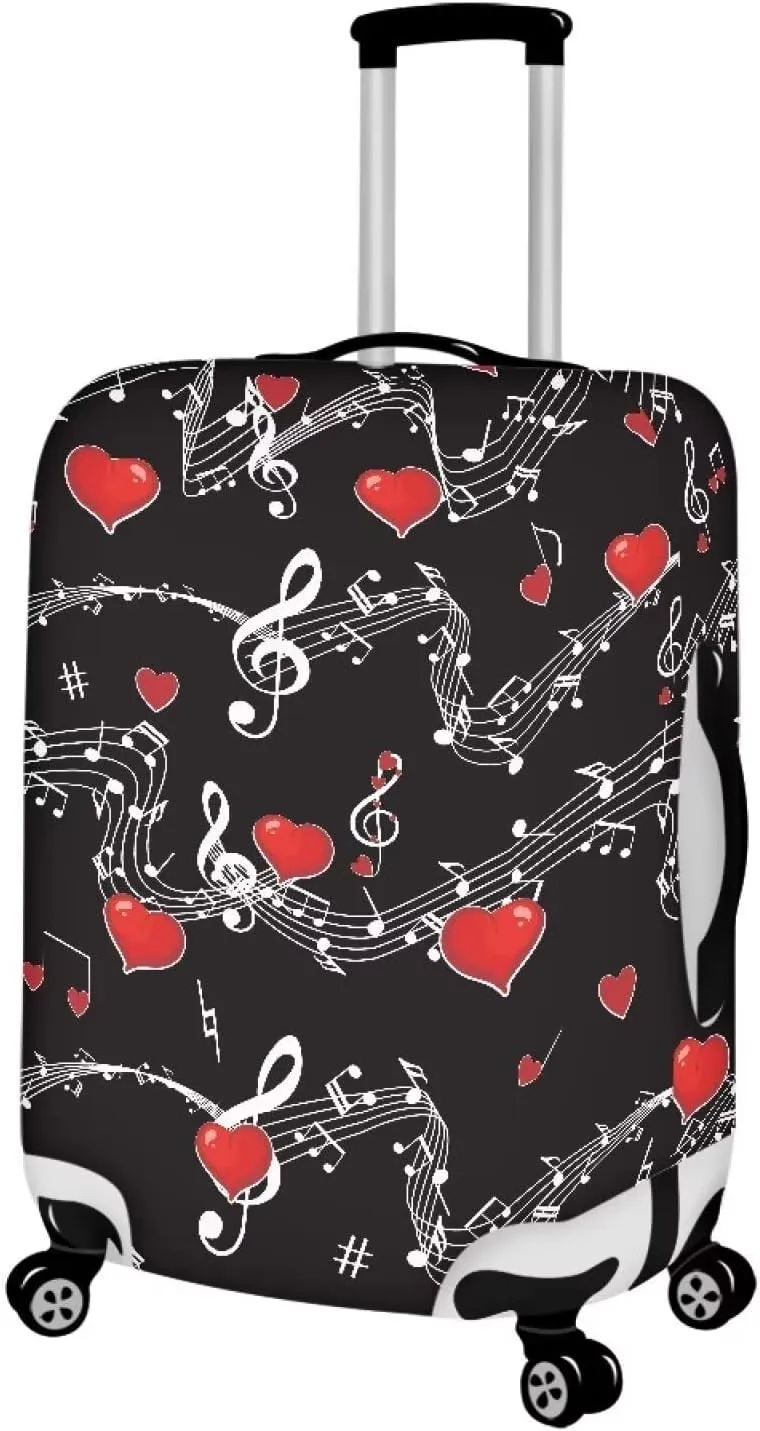 TODIYADDU Music Notes with Red Love Heart Thick Elastic Reusable Luggage Protective Cover Fashion Trolley Case for Suitcase Cover Baggage Travel Bag Cases Fits for Women Gifts, L