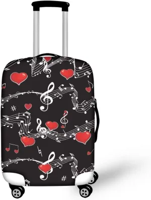 TODIYADDU Music Notes with Red Love Heart Thick Elastic Reusable Luggage Protective Cover Fashion Trolley Case for Suitcase Cover Baggage Travel Bag Cases Fits for Women Gifts, L