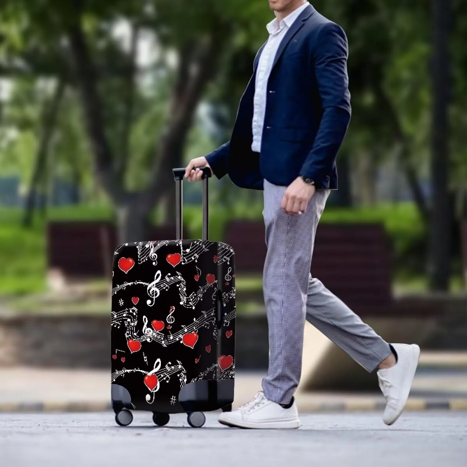 TODIYADDU Music Notes with Red Love Heart Thick Elastic Reusable Luggage Protective Cover Fashion Trolley Case for Suitcase Cover Baggage Travel Bag Cases Fits for Women Gifts, L