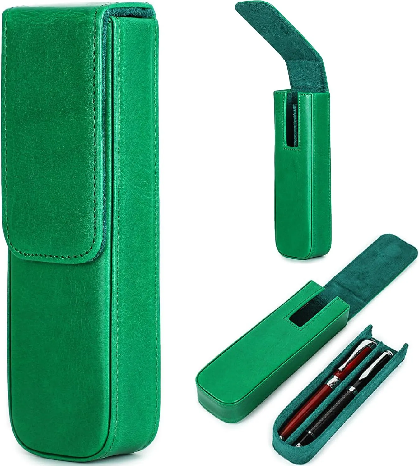 Top Grain Genuine Leather 2 Pen/Pencil Tray Case Holder, Minimalist Fashion Design, Handmade, Magnetic Closing with Drawer Design, Gift Choice for Man/Woman/Office, Glossy Green, 2 Slots