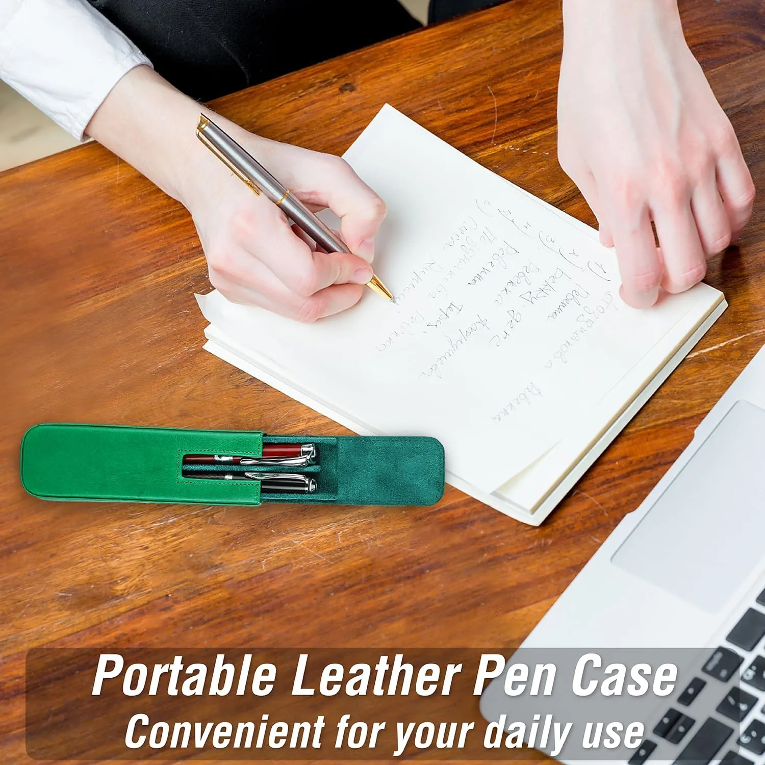 Top Grain Genuine Leather 2 Pen/Pencil Tray Case Holder, Minimalist Fashion Design, Handmade, Magnetic Closing with Drawer Design, Gift Choice for Man/Woman/Office, Glossy Green, 2 Slots