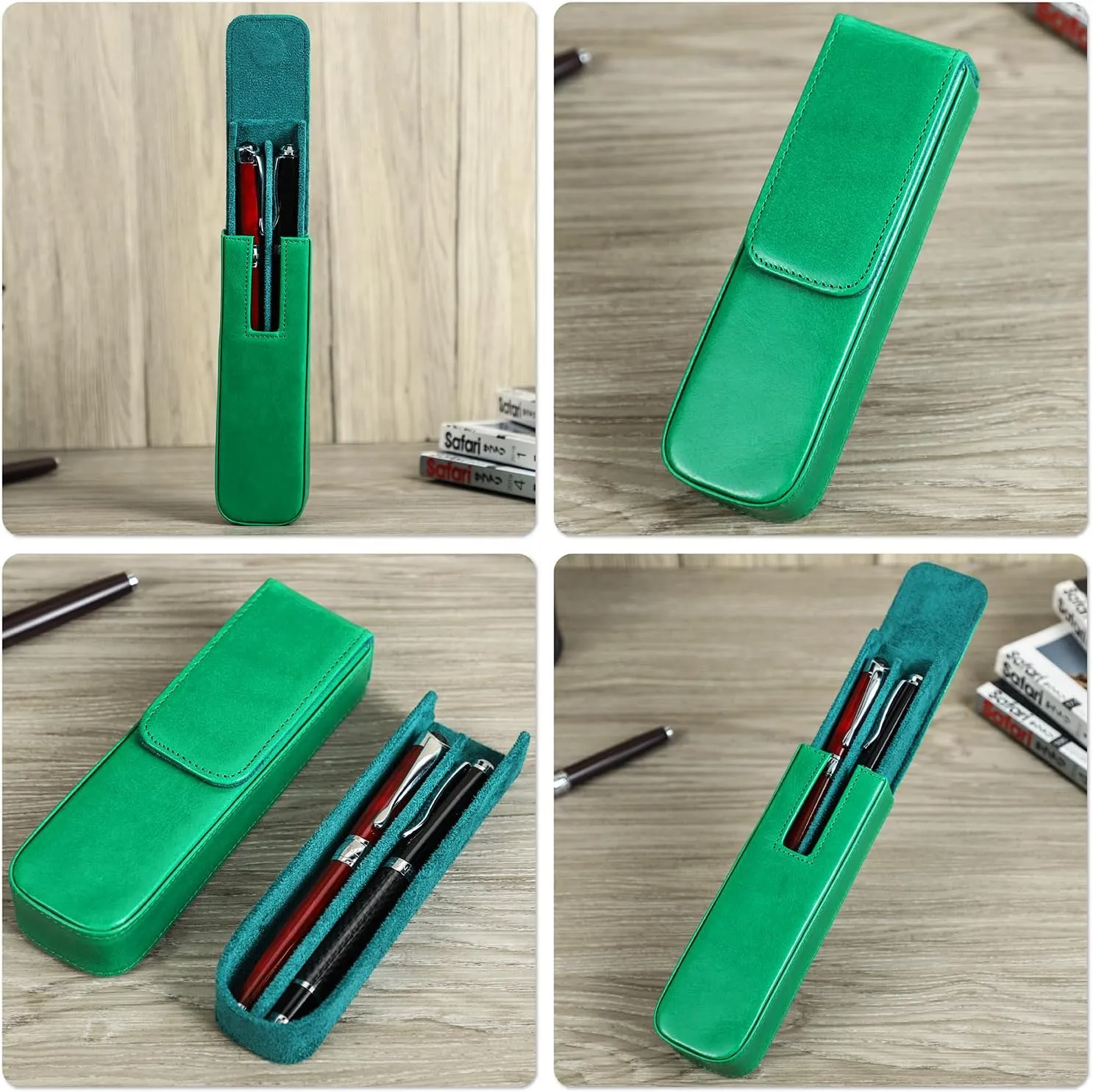 Top Grain Genuine Leather 2 Pen/Pencil Tray Case Holder, Minimalist Fashion Design, Handmade, Magnetic Closing with Drawer Design, Gift Choice for Man/Woman/Office, Glossy Green, 2 Slots