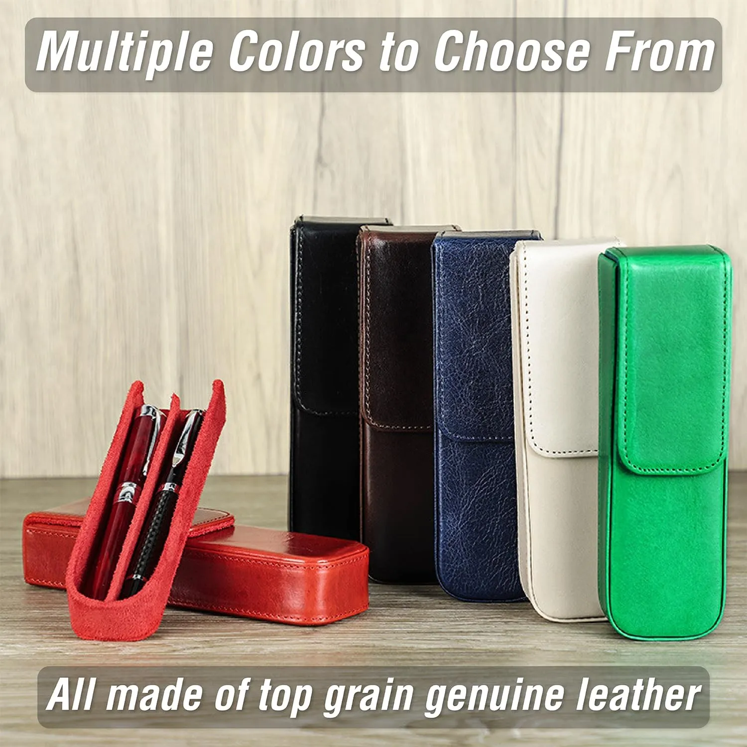 Top Grain Genuine Leather 2 Pen/Pencil Tray Case Holder, Minimalist Fashion Design, Handmade, Magnetic Closing with Drawer Design, Gift Choice for Man/Woman/Office, Glossy Green, 2 Slots