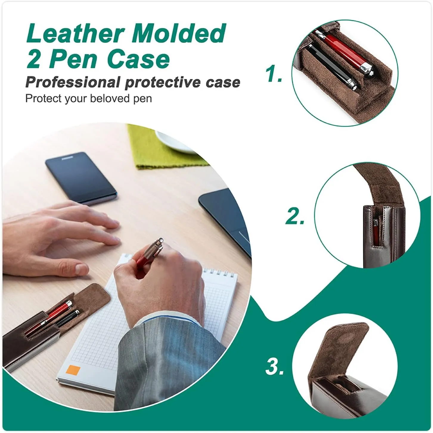 Top Grain Genuine Leather 2 Pen/Pencil Tray Case Holder, Minimalist Fashion Design, Handmade, Magnetic Closing with Drawer Design, Gift Choice for Man/Woman/Office, Glossy Green, 2 Slots