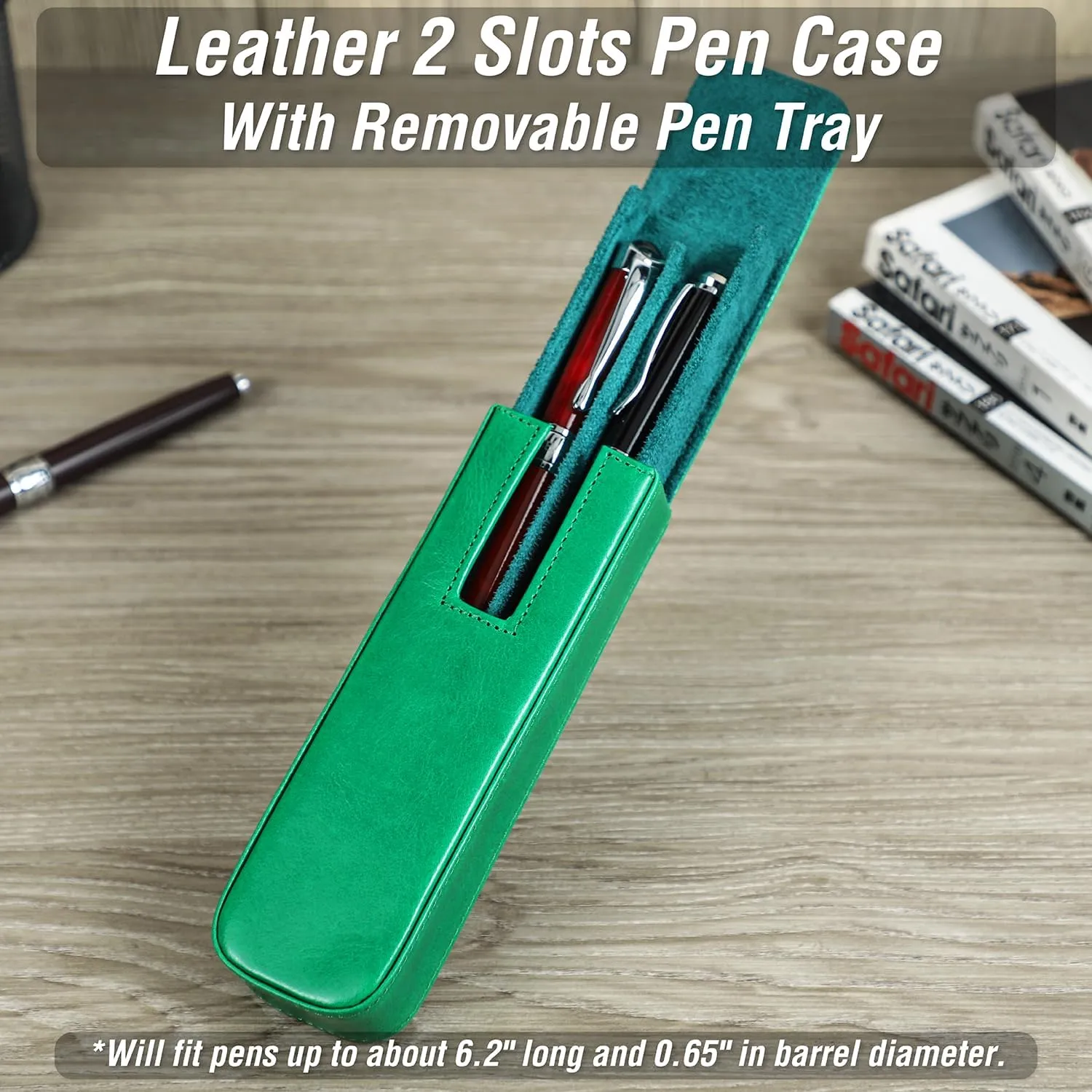 Top Grain Genuine Leather 2 Pen/Pencil Tray Case Holder, Minimalist Fashion Design, Handmade, Magnetic Closing with Drawer Design, Gift Choice for Man/Woman/Office, Glossy Green, 2 Slots
