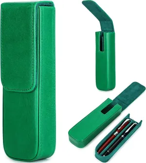 Top Grain Genuine Leather 2 Pen/Pencil Tray Case Holder, Minimalist Fashion Design, Handmade, Magnetic Closing with Drawer Design, Gift Choice for Man/Woman/Office, Glossy Green, 2 Slots