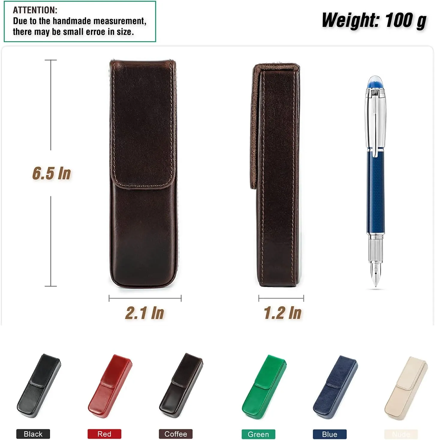 Top Grain Genuine Leather 2 Pen/Pencil Tray Case Holder, Minimalist Fashion Design, Handmade, Magnetic Closing with Drawer Design, Gift Choice for Man/Woman/Office, Glossy Green, 2 Slots