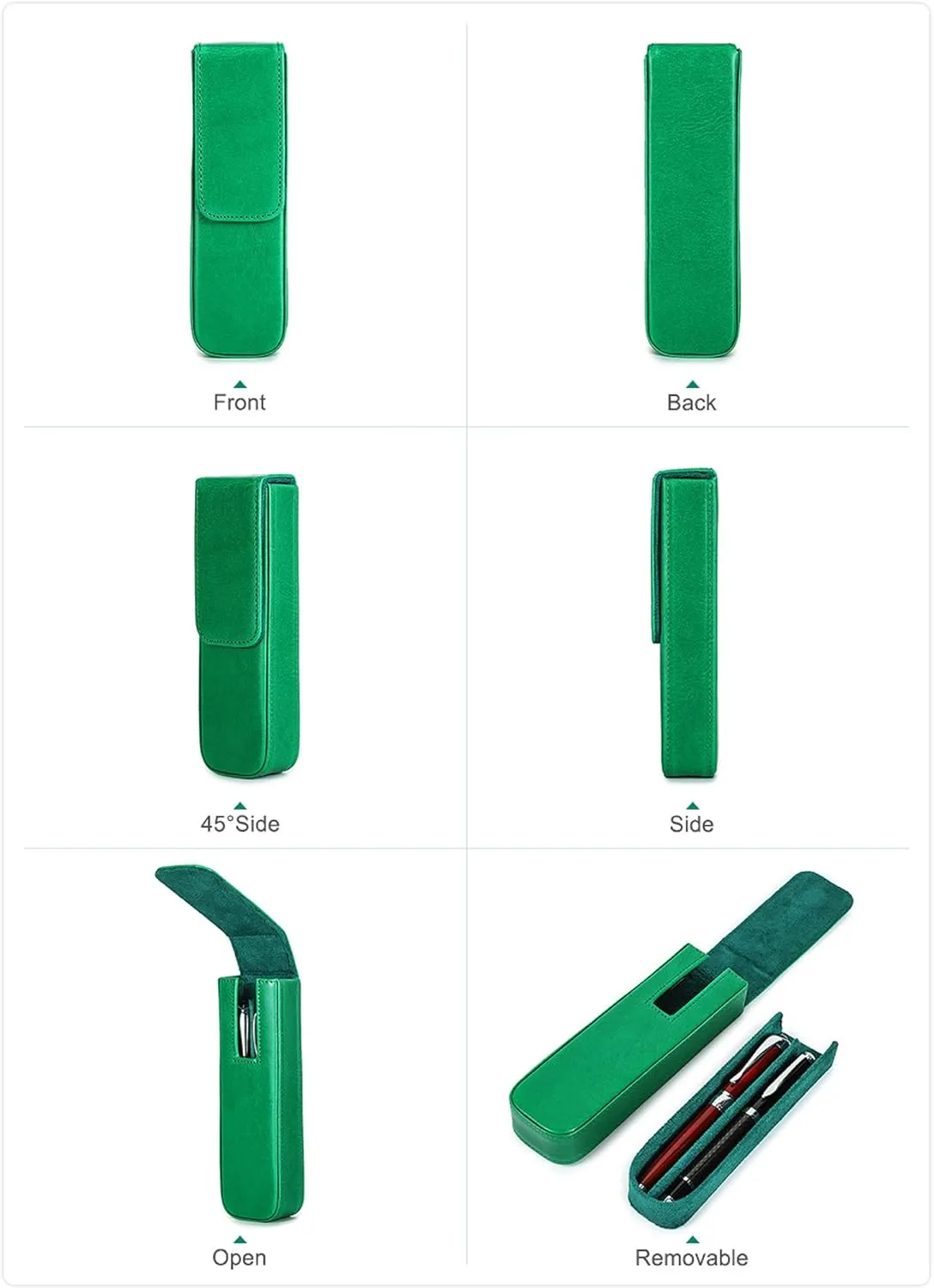 Top Grain Genuine Leather 2 Pen/Pencil Tray Case Holder, Minimalist Fashion Design, Handmade, Magnetic Closing with Drawer Design, Gift Choice for Man/Woman/Office, Glossy Green, 2 Slots