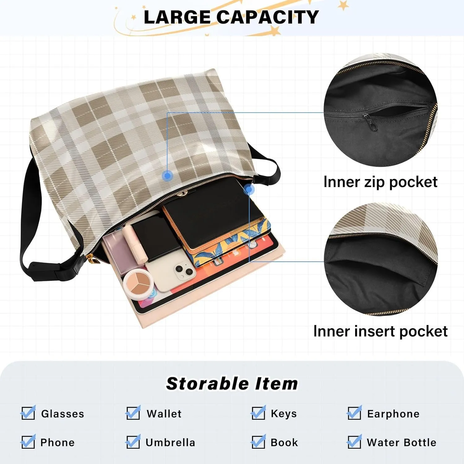 Tote Bag for Women Leather Shoulder Bag Crossbody Bag Girls Cute Tote Bag with Zipper for Work Checkered