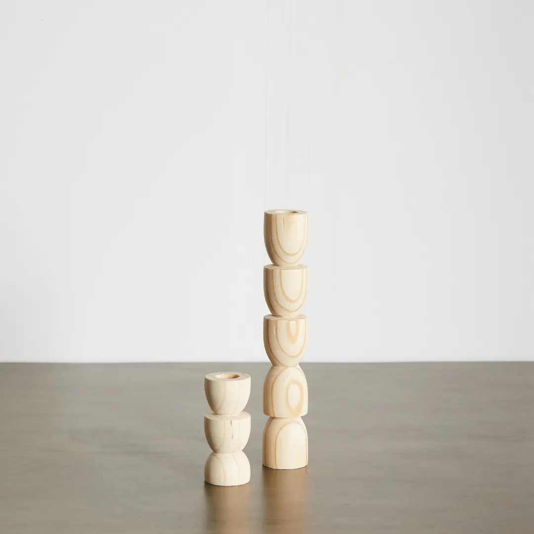 Totem Pine Wood Taper Candlestick Holder