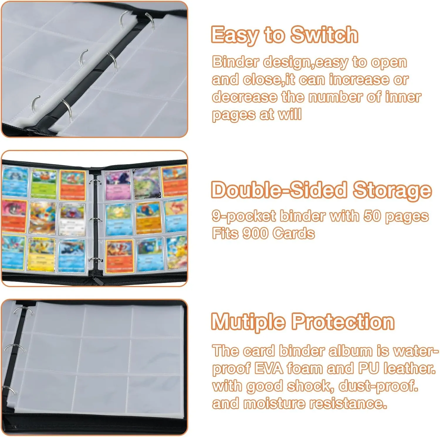 Trading Card Binder 9 Pocket, Collectible Trading Card Albums Fits 900 Cards with 50 Removable Sleeves,Waterproof Card Holder Album for TCG, MTG, Sports Cards(Mascot, 900P)