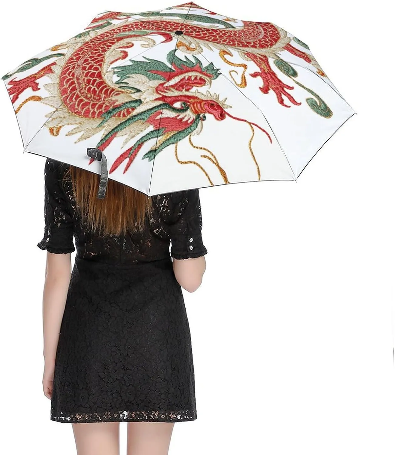 Traditional Chinese Dragon Compact Folding Travel Umbrella Chinoiserie Style Umbrella Auto Open Close Windproof & Rainproof Umbrella Umbrella for Adults