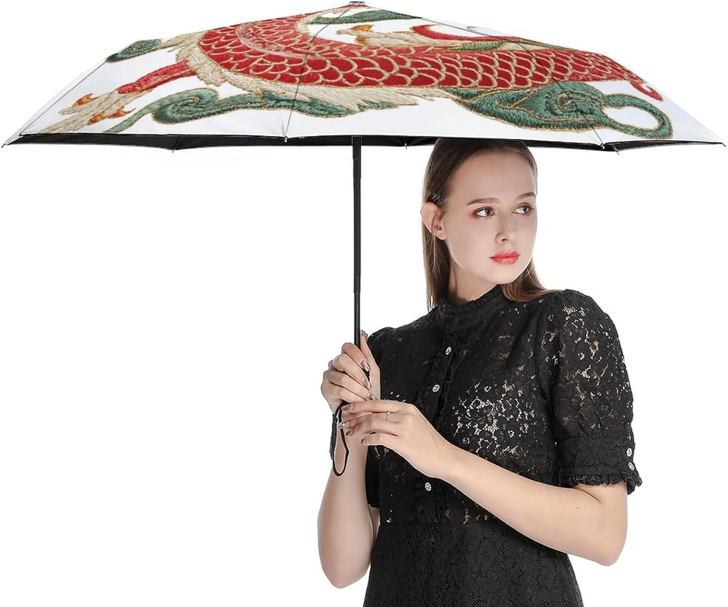 Traditional Chinese Dragon Compact Folding Travel Umbrella Chinoiserie Style Umbrella Auto Open Close Windproof & Rainproof Umbrella Umbrella for Adults