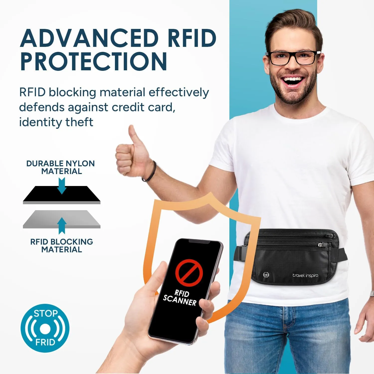 travel inspira Travel Money Belt with Anti-Theft Zipper Upgrade Larger Slim Travel Pouch with RFID Blocking Fabric to Protect Credit Cash, Passports, and Documents, Black