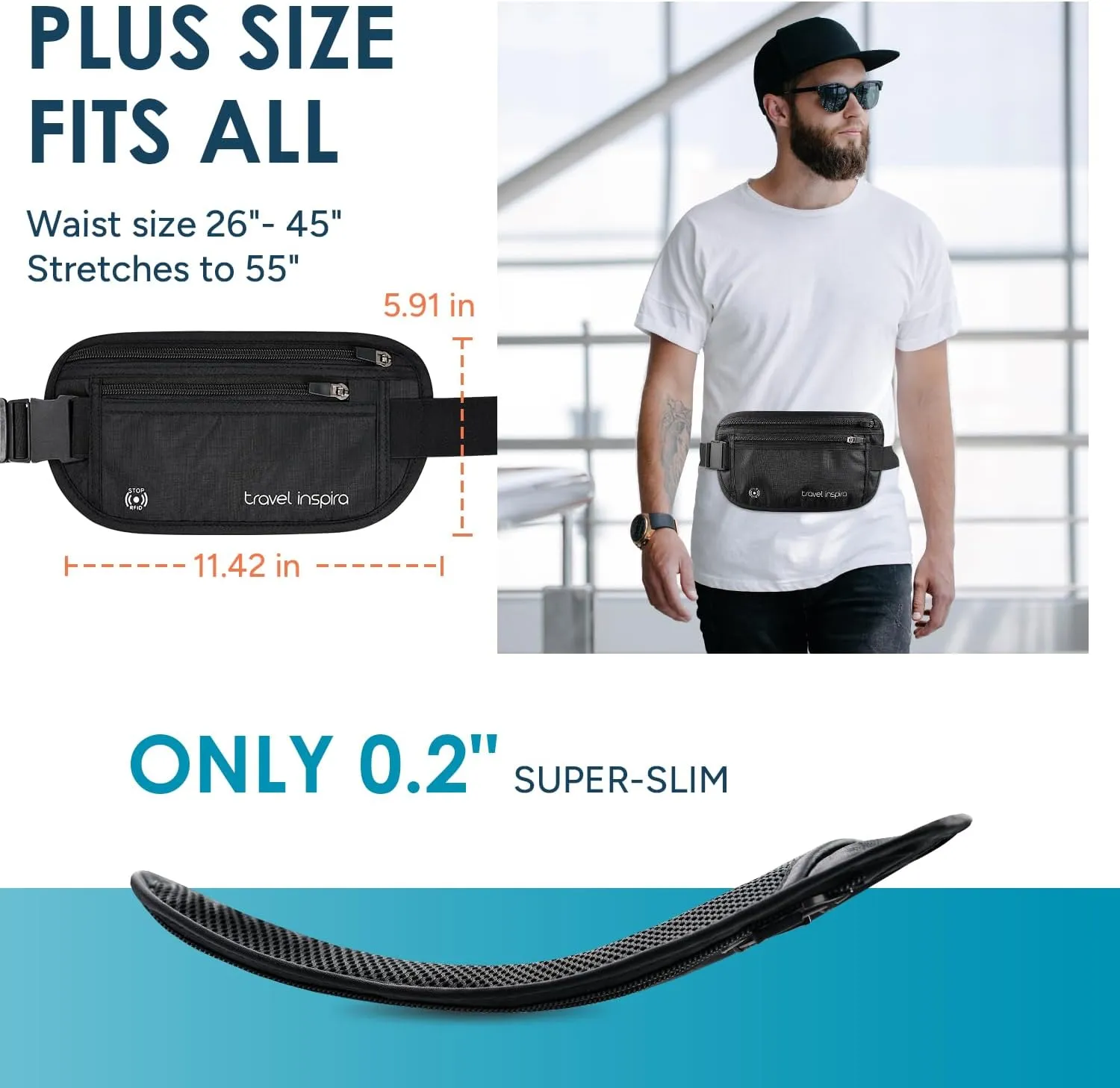 travel inspira Travel Money Belt with Anti-Theft Zipper Upgrade Larger Slim Travel Pouch with RFID Blocking Fabric to Protect Credit Cash, Passports, and Documents, Black