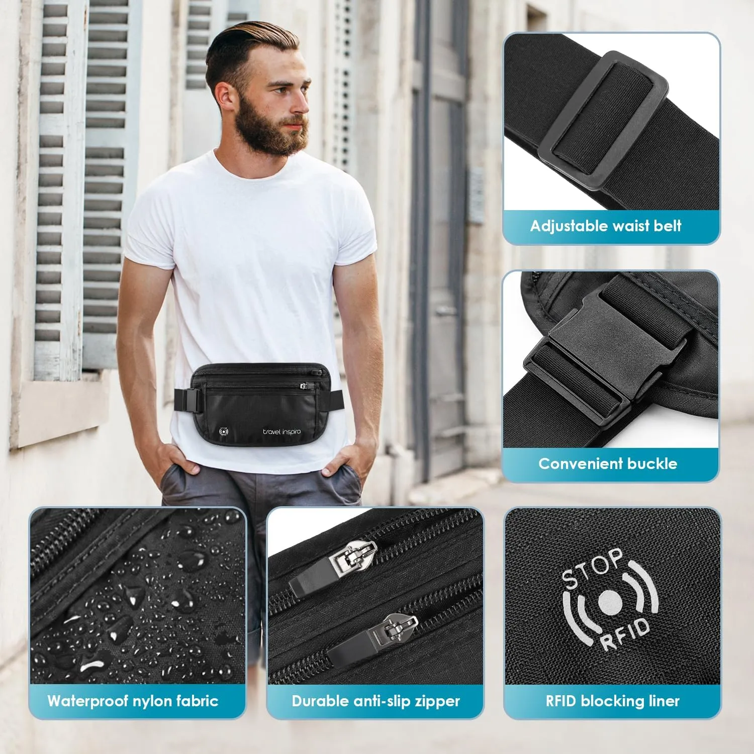 travel inspira Travel Money Belt with Anti-Theft Zipper Upgrade Larger Slim Travel Pouch with RFID Blocking Fabric to Protect Credit Cash, Passports, and Documents, Black