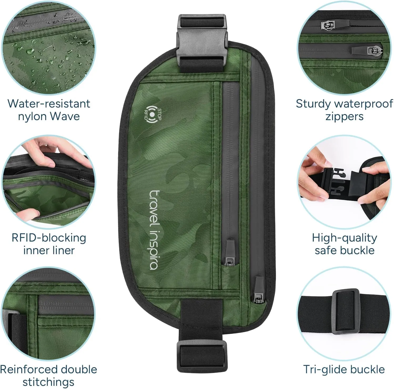 travel inspira Travel Money Belt with Slim Anti-Theft RFID Blocking Passport Holder for Travel Concealed Travel Wallet under Clothes for Protection of Credit Cards, Cash, Passport, Camouflage Green