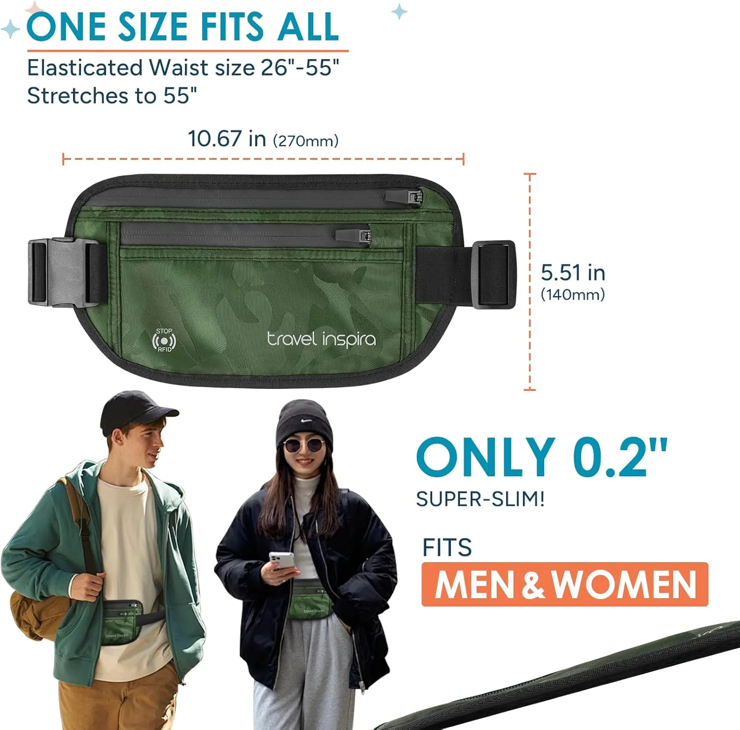 travel inspira Travel Money Belt with Slim Anti-Theft RFID Blocking Passport Holder for Travel Concealed Travel Wallet under Clothes for Protection of Credit Cards, Cash, Passport, Camouflage Green