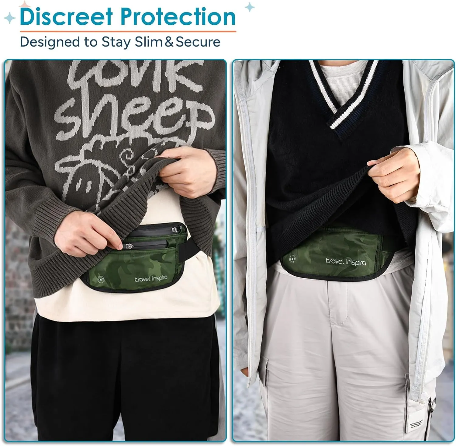 travel inspira Travel Money Belt with Slim Anti-Theft RFID Blocking Passport Holder for Travel Concealed Travel Wallet under Clothes for Protection of Credit Cards, Cash, Passport, Camouflage Green