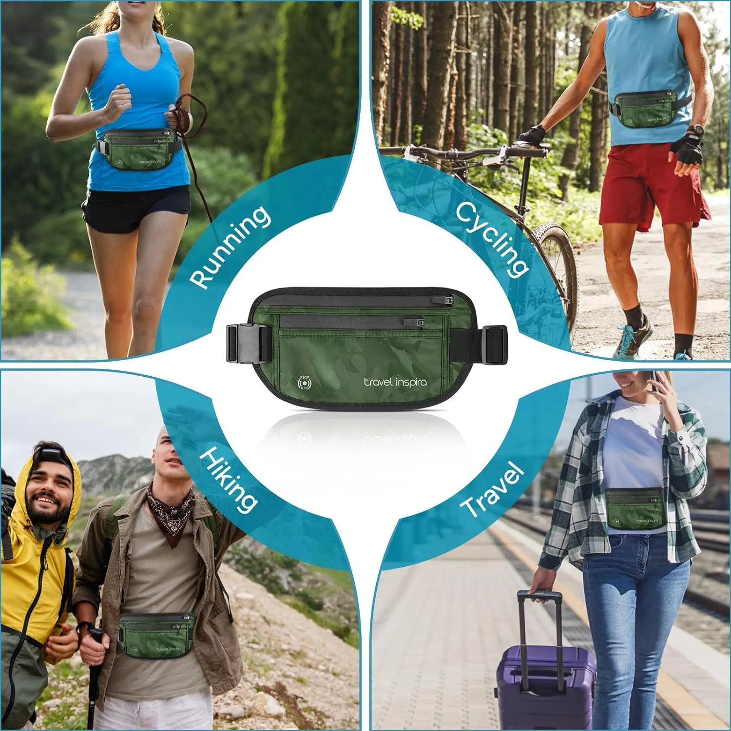 travel inspira Travel Money Belt with Slim Anti-Theft RFID Blocking Passport Holder for Travel Concealed Travel Wallet under Clothes for Protection of Credit Cards, Cash, Passport, Camouflage Green