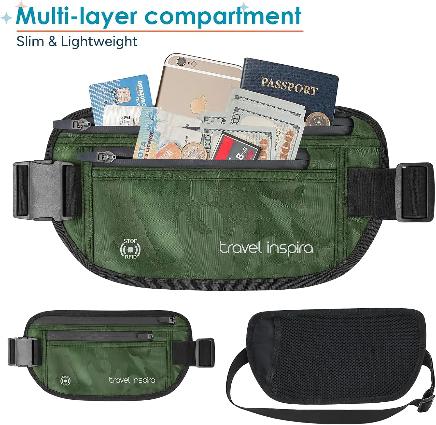 travel inspira Travel Money Belt with Slim Anti-Theft RFID Blocking Passport Holder for Travel Concealed Travel Wallet under Clothes for Protection of Credit Cards, Cash, Passport, Camouflage Green