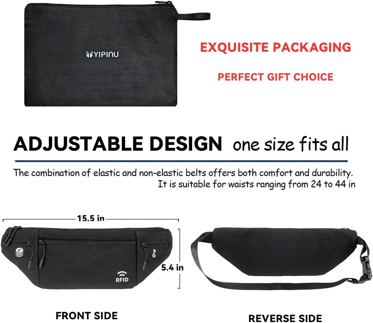Travel Money Belt for Men and Women hidden slim passport holder - travel wallet with RFID blocking under clothes to protect Cash, Credit Cards and Documents (BLACK)