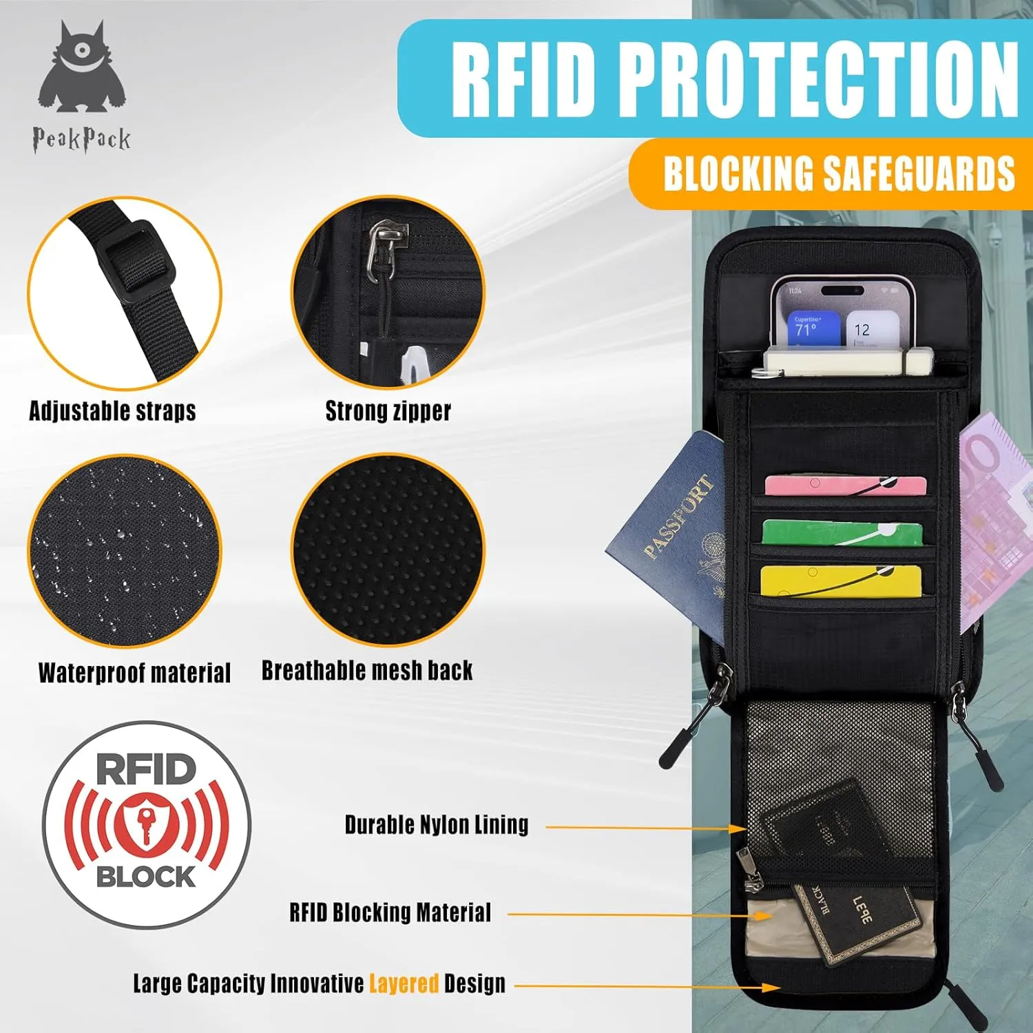 Travel Neck Wallet with RFID Protection, Versatile Passport Wallet, Passport Holder Pouch for Men and Women with Neck Lanyard Strap