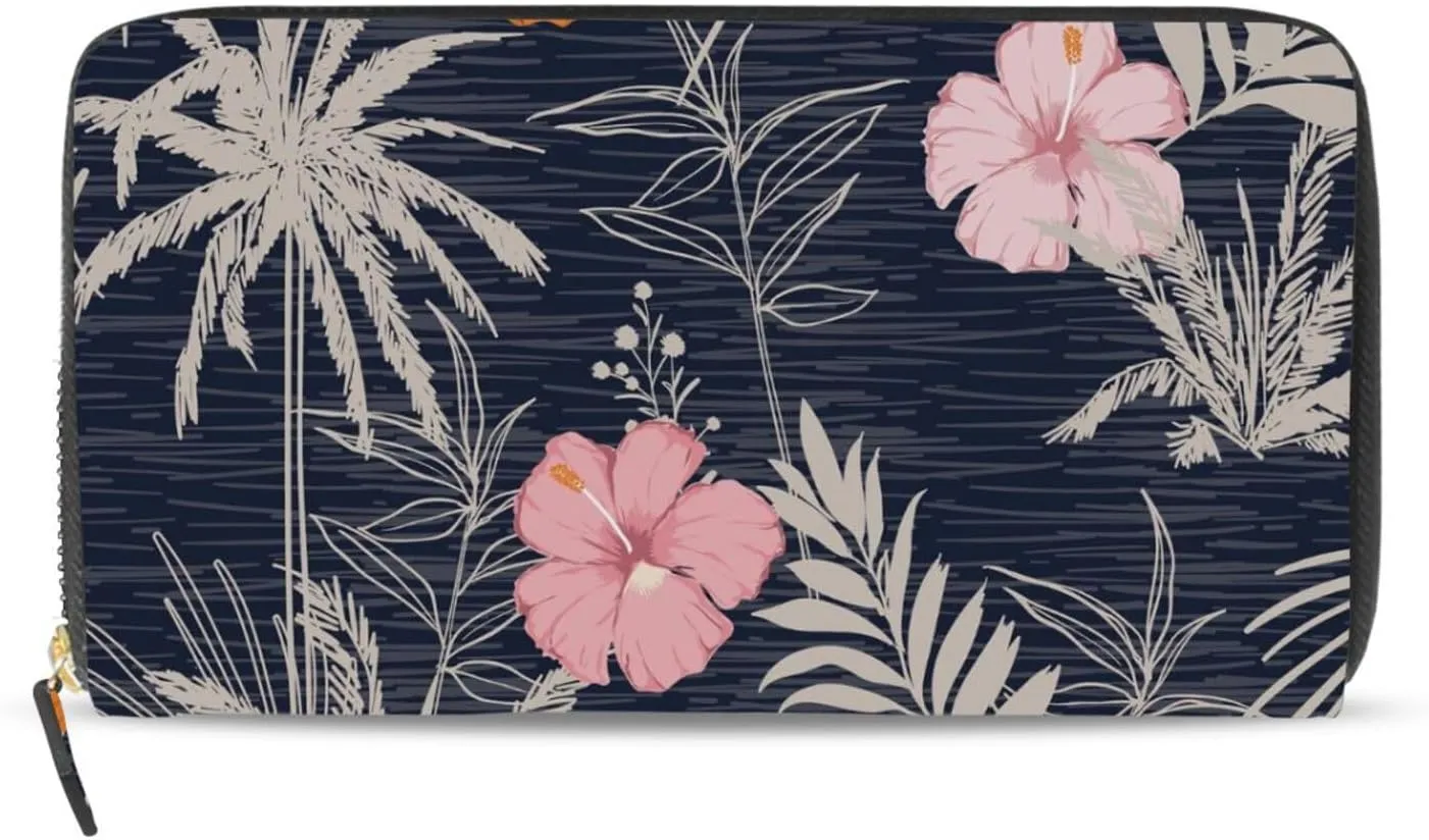 Trendy Hawaii Tropical Exotic Hibiscus Flowers with Palm Leaves Leather Long Wallet Organizer with Zipper Purse Clutch Bag for Women Men Key Card Coin Passport Checkbook 8 x 4 inch