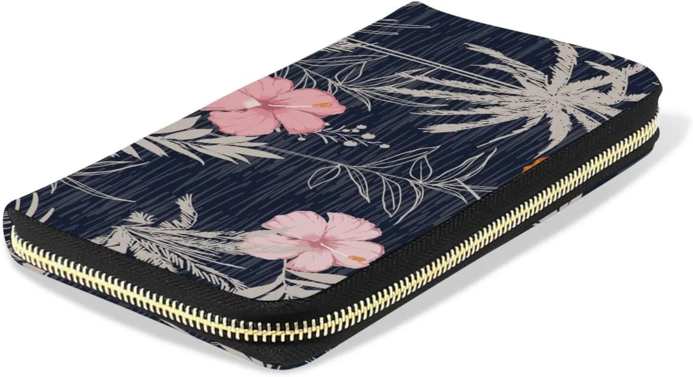 Trendy Hawaii Tropical Exotic Hibiscus Flowers with Palm Leaves Leather Long Wallet Organizer with Zipper Purse Clutch Bag for Women Men Key Card Coin Passport Checkbook 8 x 4 inch