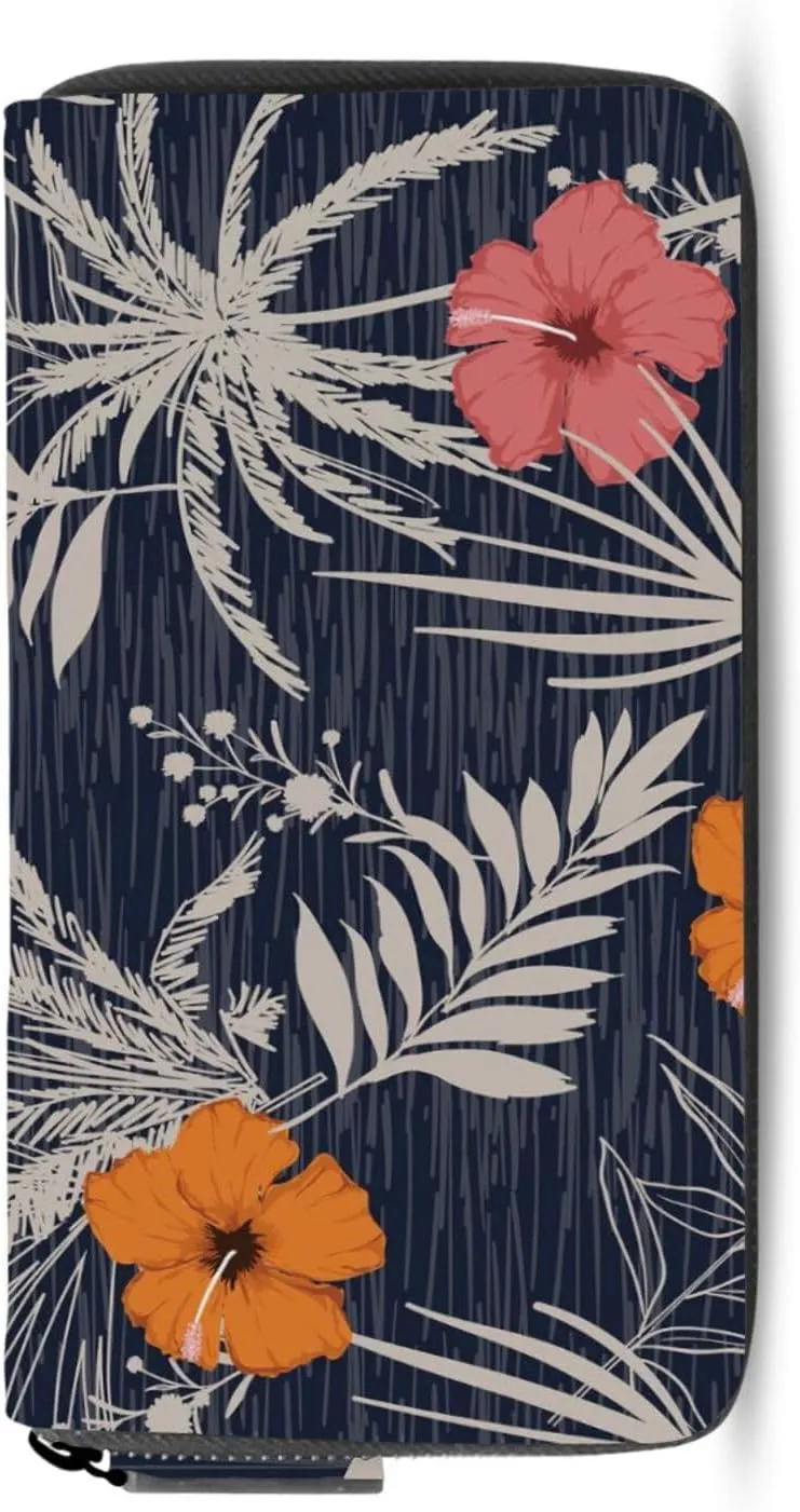 Trendy Hawaii Tropical Exotic Hibiscus Flowers with Palm Leaves Leather Long Wallet Organizer with Zipper Purse Clutch Bag for Women Men Key Card Coin Passport Checkbook 8 x 4 inch