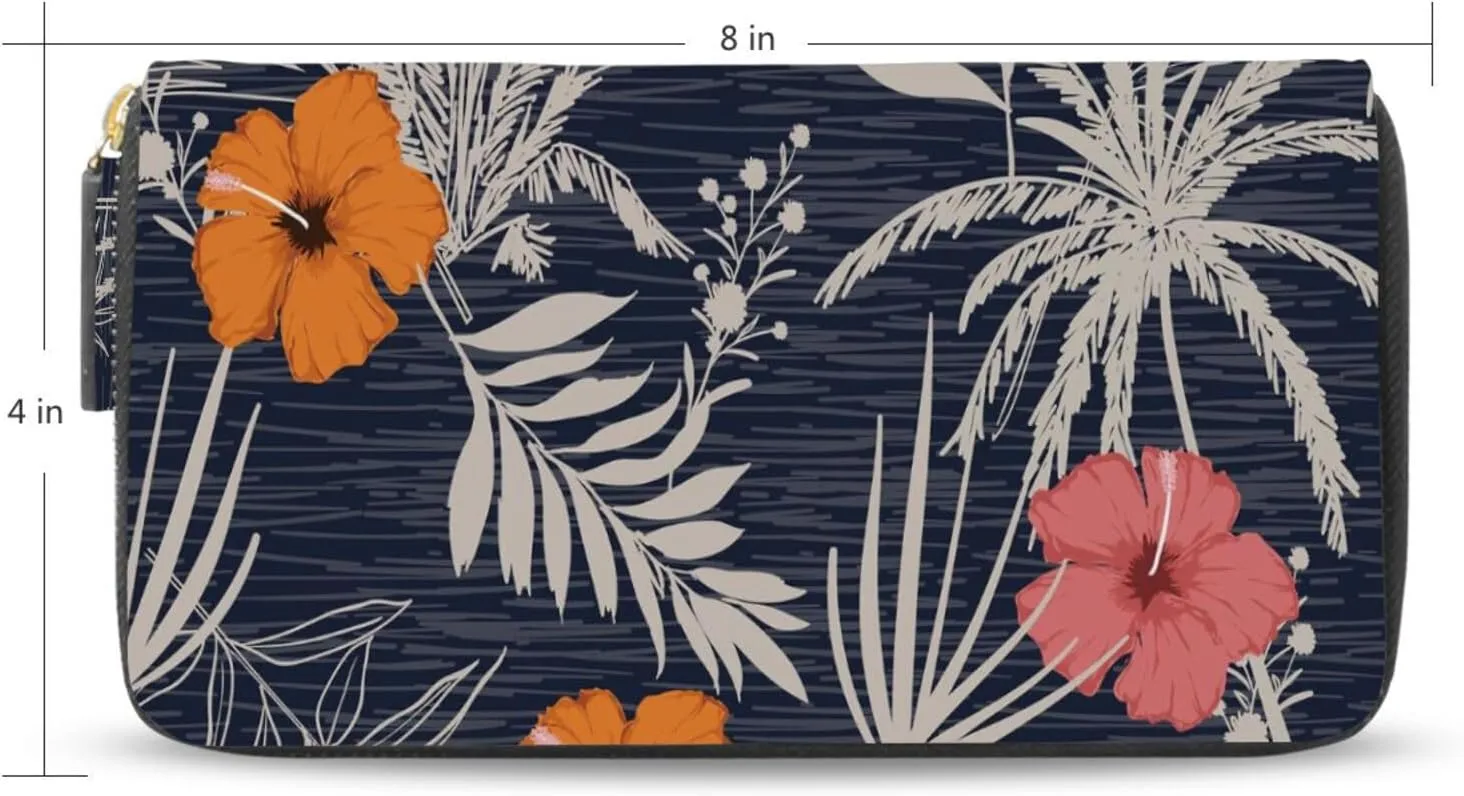 Trendy Hawaii Tropical Exotic Hibiscus Flowers with Palm Leaves Leather Long Wallet Organizer with Zipper Purse Clutch Bag for Women Men Key Card Coin Passport Checkbook 8 x 4 inch