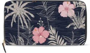 Trendy Hawaii Tropical Exotic Hibiscus Flowers with Palm Leaves Leather Long Wallet Organizer with Zipper Purse Clutch Bag for Women Men Key Card Coin Passport Checkbook 8 x 4 inch