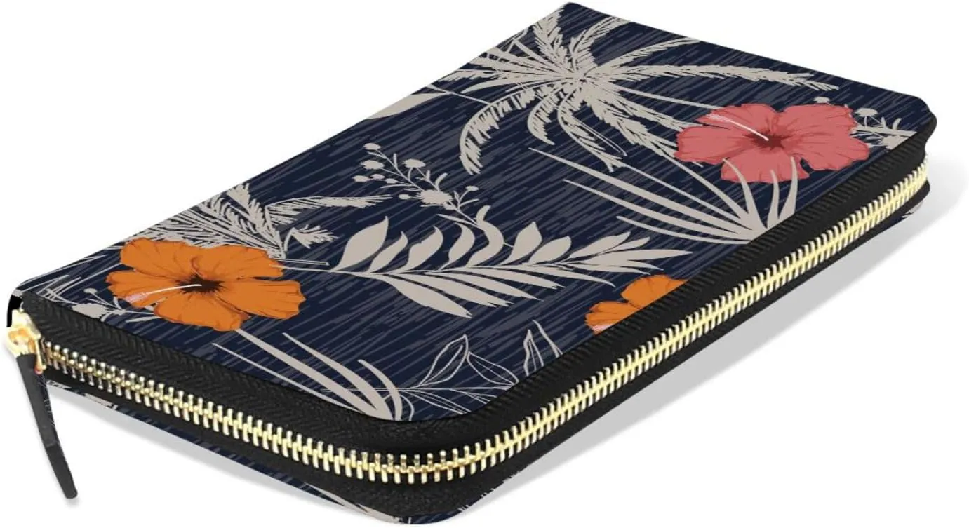 Trendy Hawaii Tropical Exotic Hibiscus Flowers with Palm Leaves Leather Long Wallet Organizer with Zipper Purse Clutch Bag for Women Men Key Card Coin Passport Checkbook 8 x 4 inch
