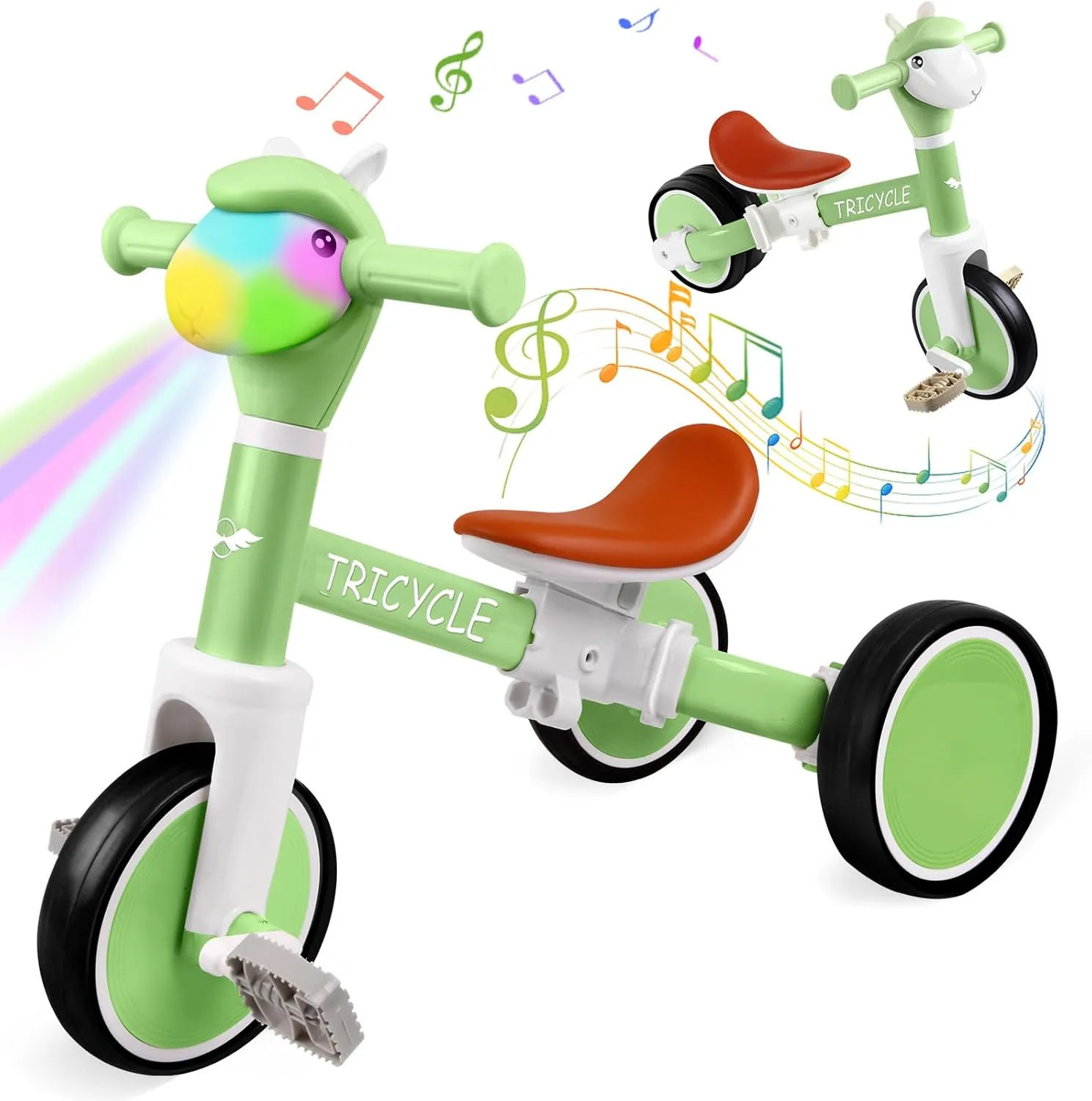 Tricycle for Toddlers 1-3 Year Olds, Toddler Balance Bike for Boys Girls 2-4, Toddler Tricycle with Light & Music Front, Kids Bicycle with Removable Pedal, Birthday Gifts for 1 2 3 4 5 Year (Green)