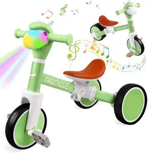 Tricycle for Toddlers 1-3 Year Olds, Toddler Balance Bike for Boys Girls 2-4, Toddler Tricycle with Light & Music Front, Kids Bicycle with Removable Pedal, Birthday Gifts for 1 2 3 4 5 Year (Green)