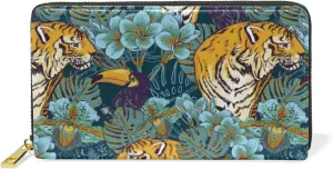 Tropical Seamless Exotic Turquoise Flowers, Toucan and Yellow Tiger Leather Long Wallet Organizer with Zipper Purse Clutch Bag for Women Men Key Card Coin Passport Checkbook
