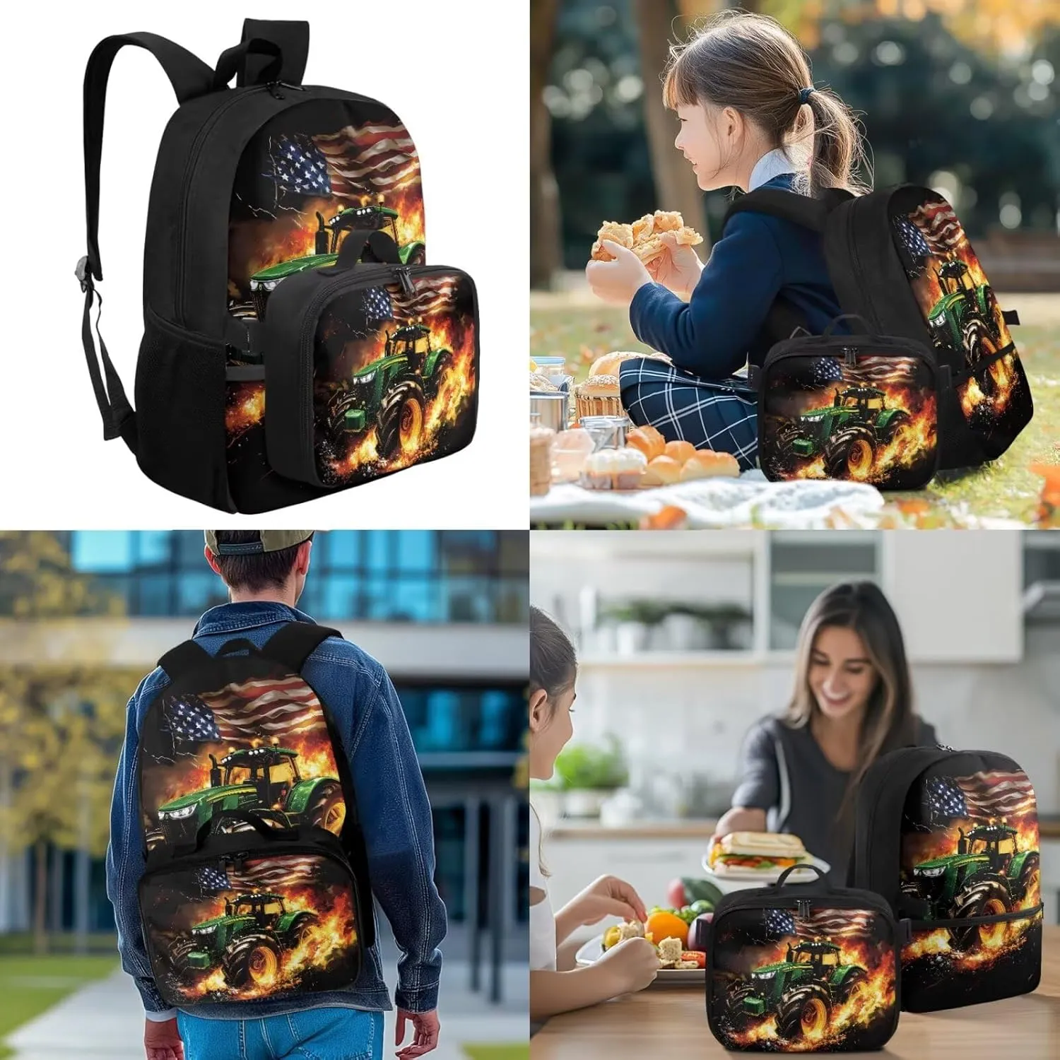 Truck Backpack and Lunch Box Set Boys Custom American Flag Backpack for Kids 5-7 Personalized 4 in 1 Set Boys Bookbag with Lunch Box Back to School Supplies Daypack Bag