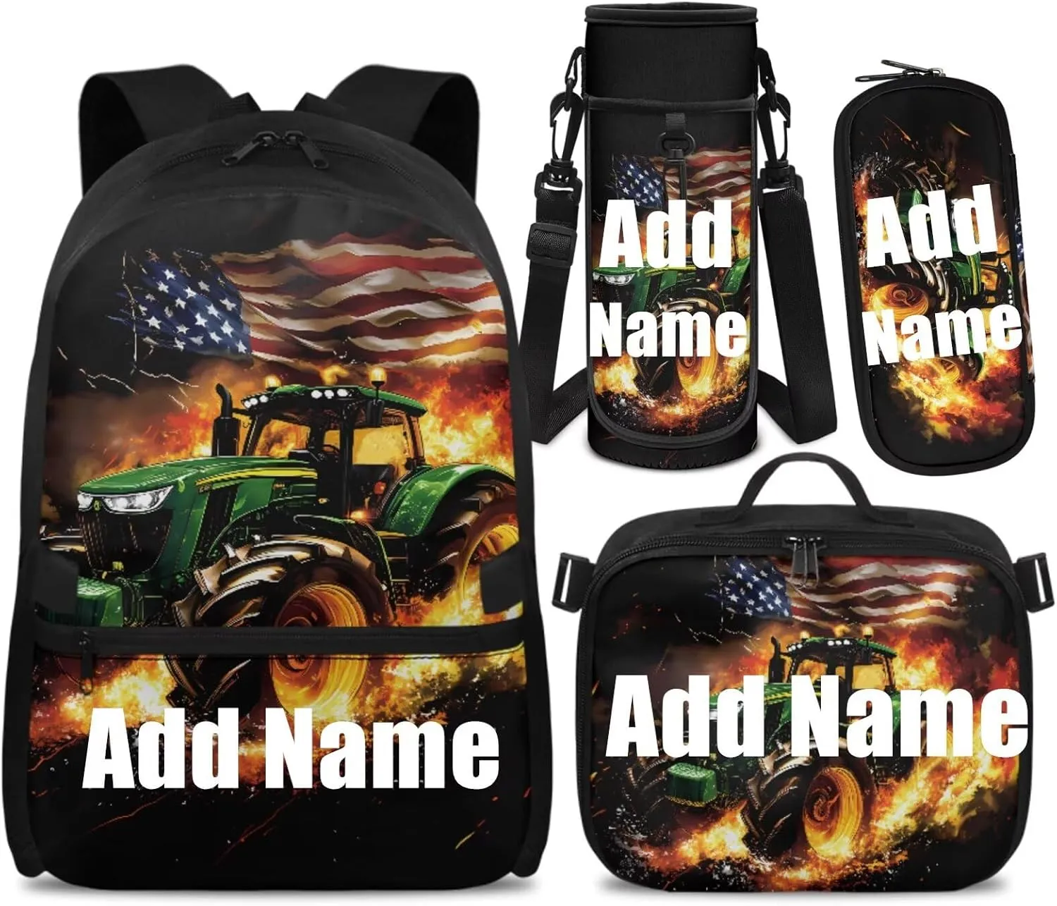 Truck Backpack and Lunch Box Set Boys Custom American Flag Backpack for Kids 5-7 Personalized 4 in 1 Set Boys Bookbag with Lunch Box Back to School Supplies Daypack Bag