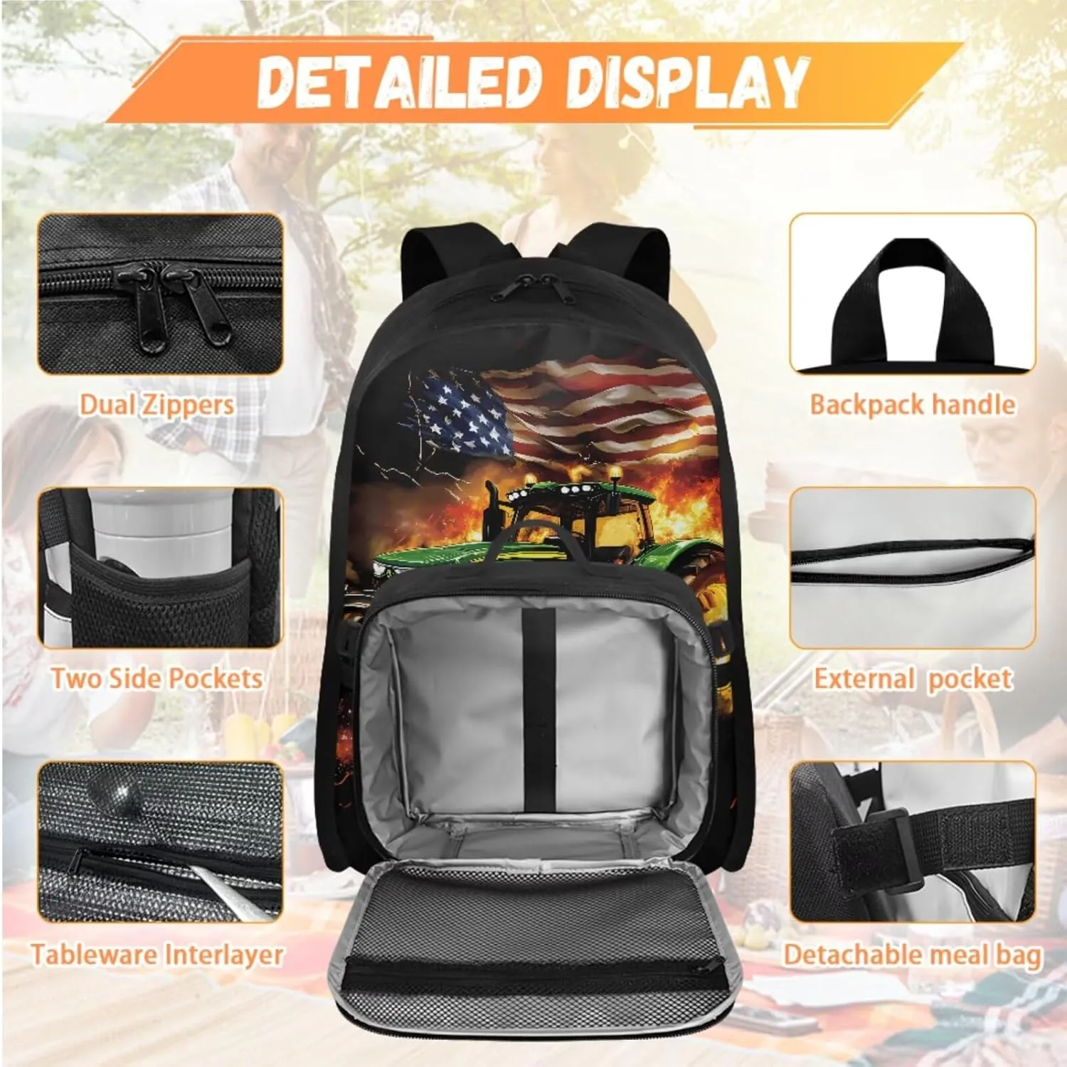 Truck Backpack and Lunch Box Set Boys Custom American Flag Backpack for Kids 5-7 Personalized 4 in 1 Set Boys Bookbag with Lunch Box Back to School Supplies Daypack Bag