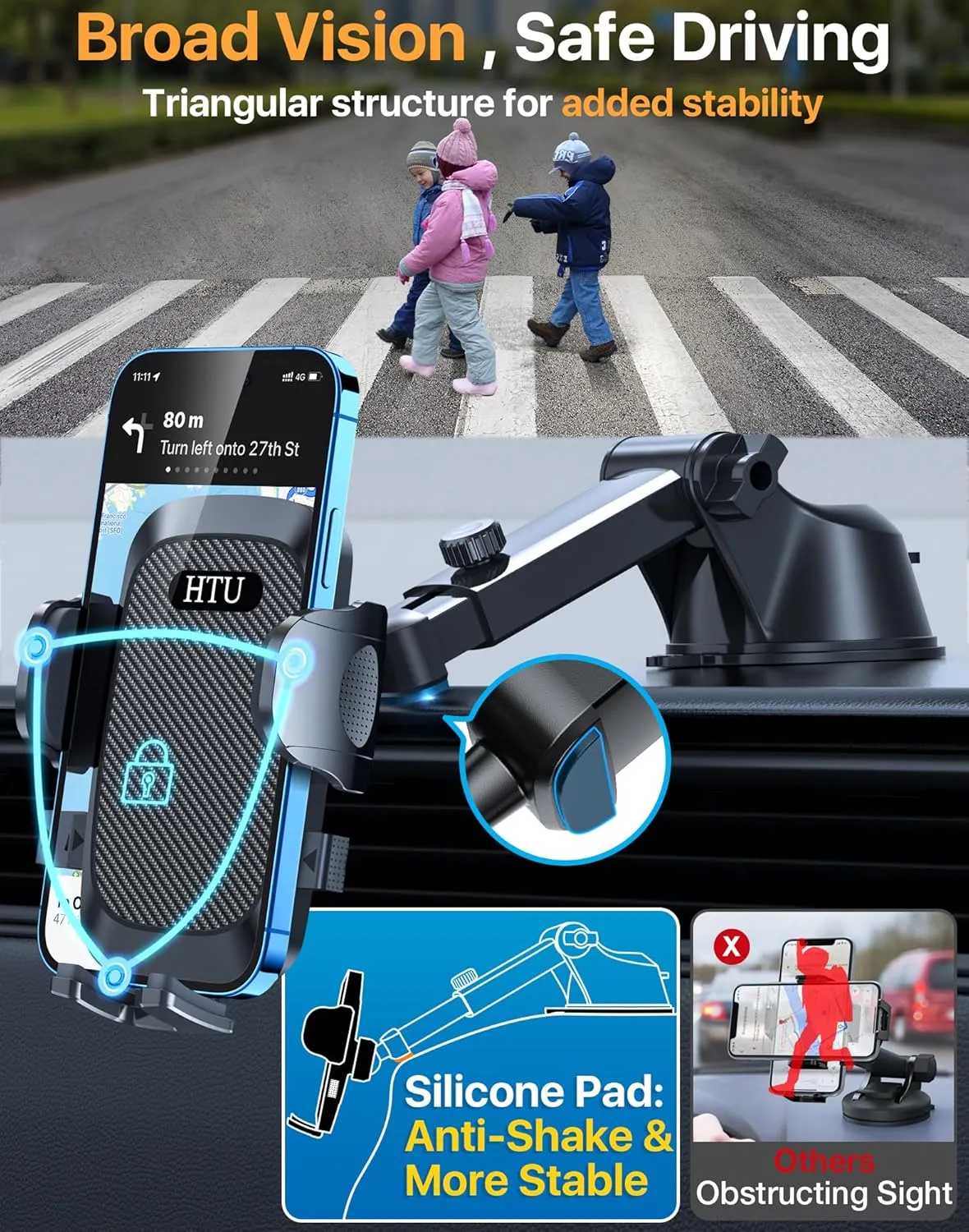 [True Military-Grade] Car Phone Holder【2025 Stronger Suction & Clip】 Universal Cell Phone Holder for Car Mount for Dashboard Windshield Air Vent for iPhone 16 Pro Max 15 Samsung,Black