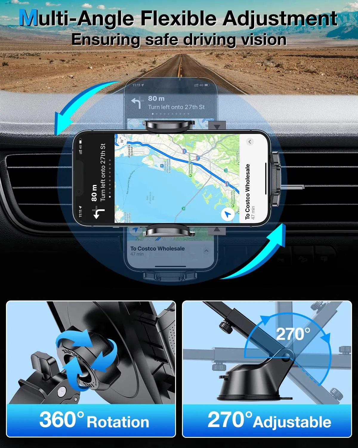 [True Military-Grade] Car Phone Holder【2025 Stronger Suction & Clip】 Universal Cell Phone Holder for Car Mount for Dashboard Windshield Air Vent for iPhone 16 Pro Max 15 Samsung,Black