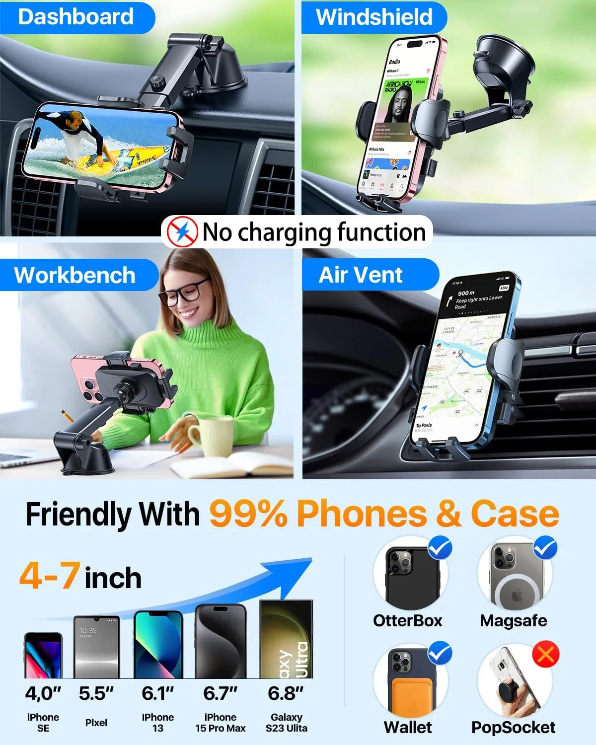 [True Military-Grade] Car Phone Holder【2025 Stronger Suction & Clip】 Universal Cell Phone Holder for Car Mount for Dashboard Windshield Air Vent for iPhone 16 Pro Max 15 Samsung,Black