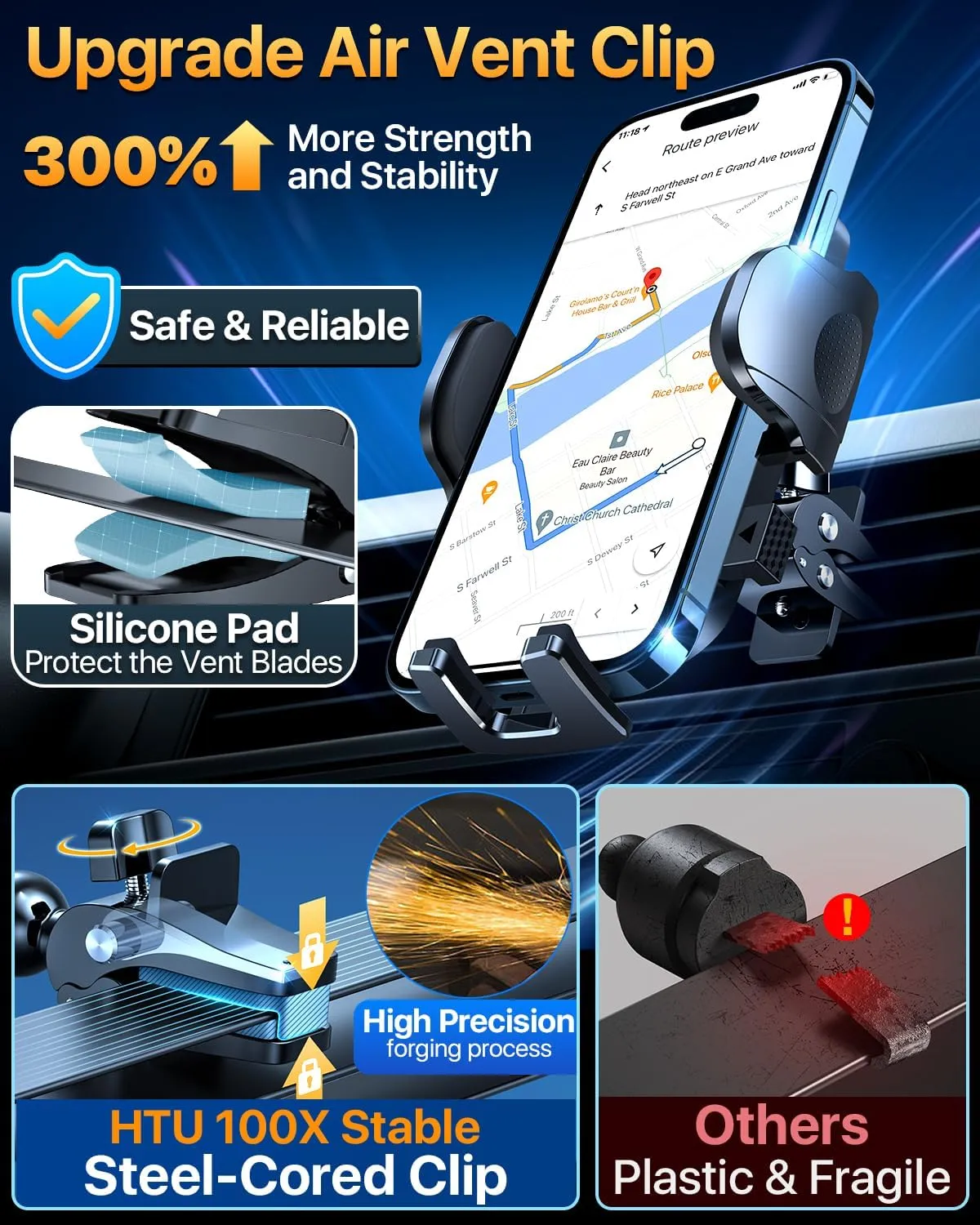 [True Military-Grade] Car Phone Holder【2025 Stronger Suction & Clip】 Universal Cell Phone Holder for Car Mount for Dashboard Windshield Air Vent for iPhone 16 Pro Max 15 Samsung,Black