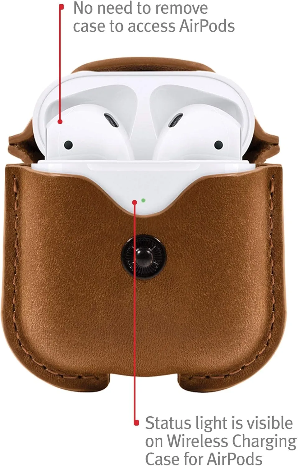 Twelve South AirSnap | Leather Protective Case/Cover with Loss Prevention Clip for AirPods & Wireless Charging Case for AirPods, Cognac