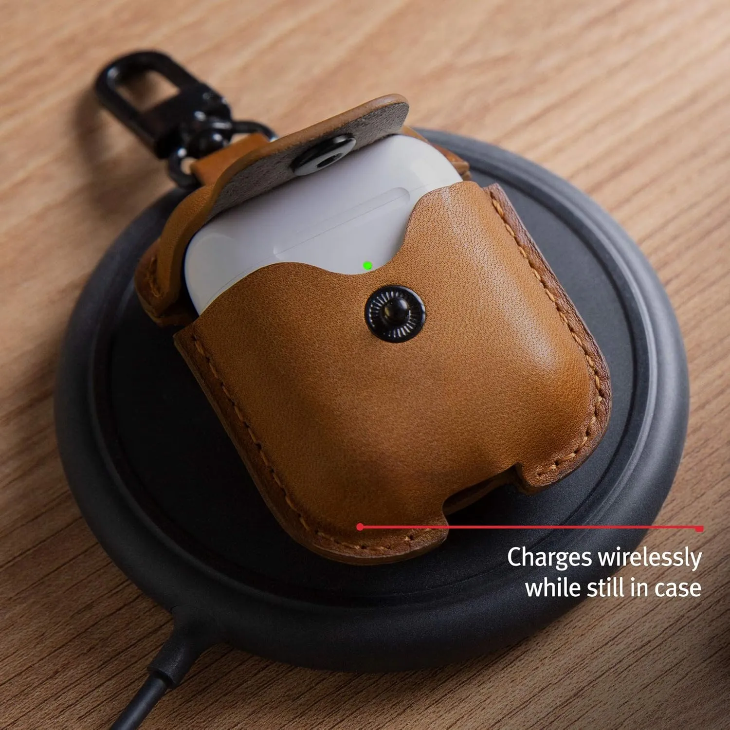 Twelve South AirSnap | Leather Protective Case/Cover with Loss Prevention Clip for AirPods & Wireless Charging Case for AirPods, Cognac