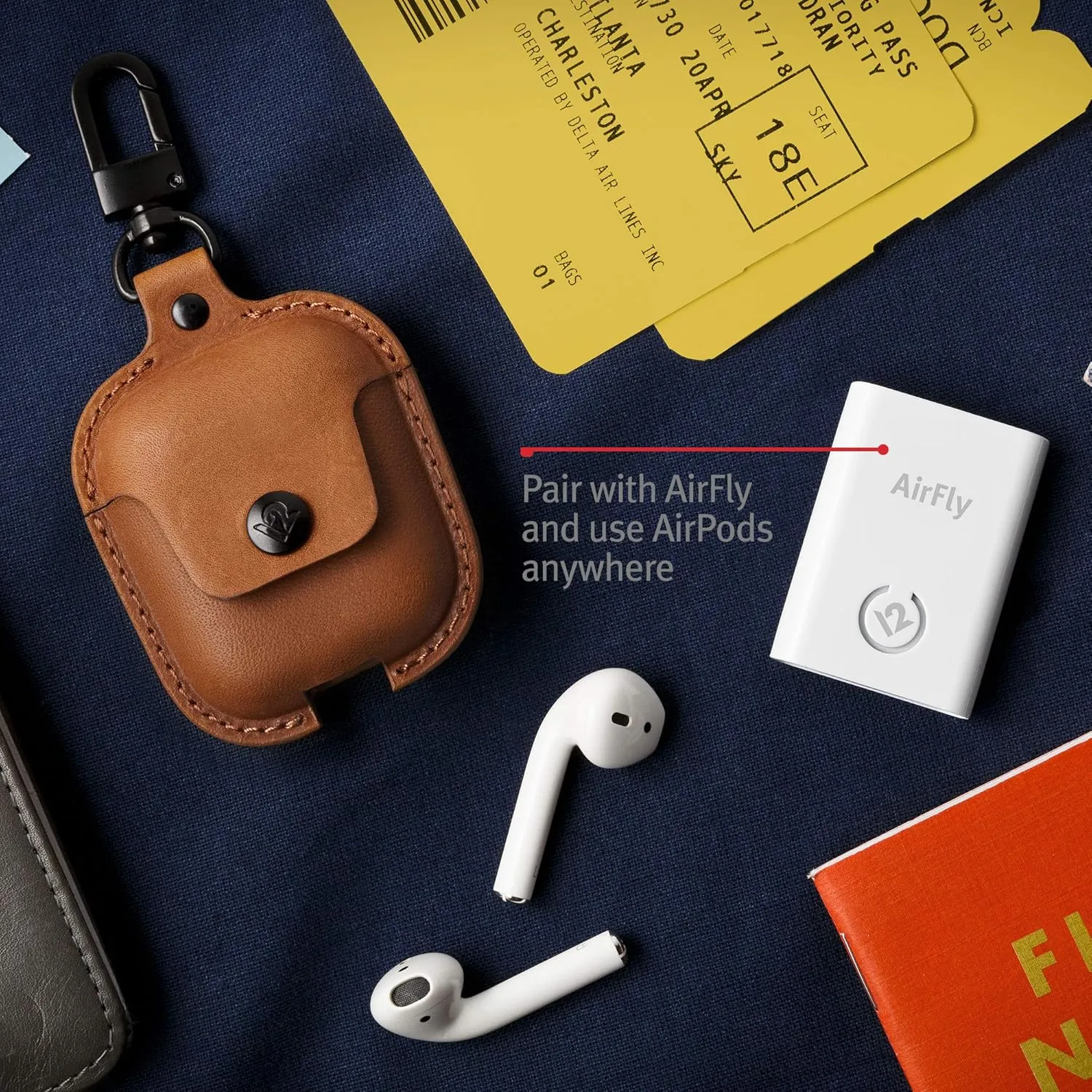 Twelve South AirSnap | Leather Protective Case/Cover with Loss Prevention Clip for AirPods & Wireless Charging Case for AirPods, Cognac