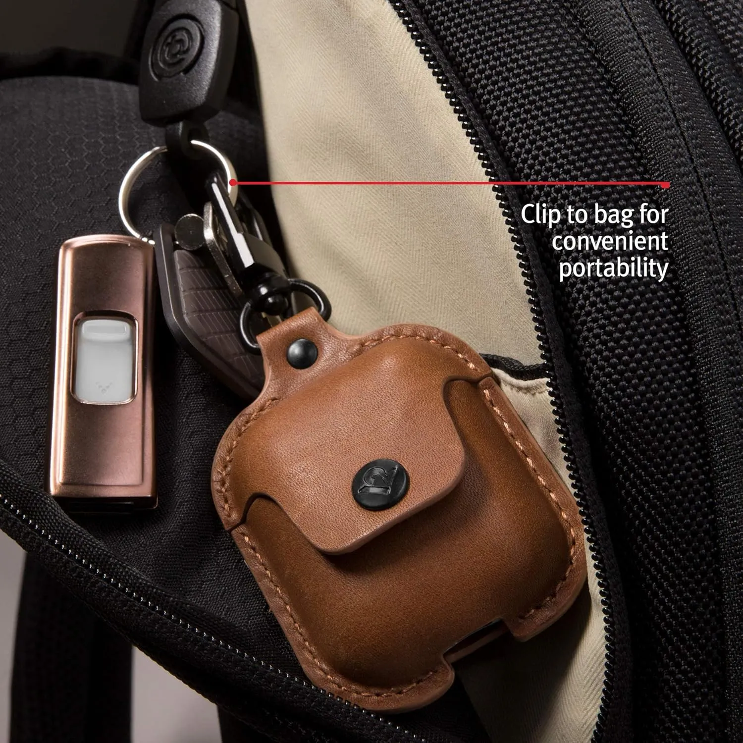 Twelve South AirSnap | Leather Protective Case/Cover with Loss Prevention Clip for AirPods & Wireless Charging Case for AirPods, Cognac