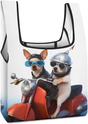 Two Dogs On Motorcycle Novelty Reusable Grocery Bag Fold-able Shopping Bags Washable Tote Lightweight Storage Pouch with Handle
