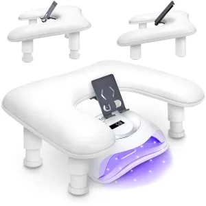 U Shaped Manicure Arm Rest for Nails Tech w/ 360° Rotating Phone Holder - Adjustable Nail Arm Rest w/Built-In Phone Holder - Detachable Manicure Hand Pillow for Salon or Home Use (White)